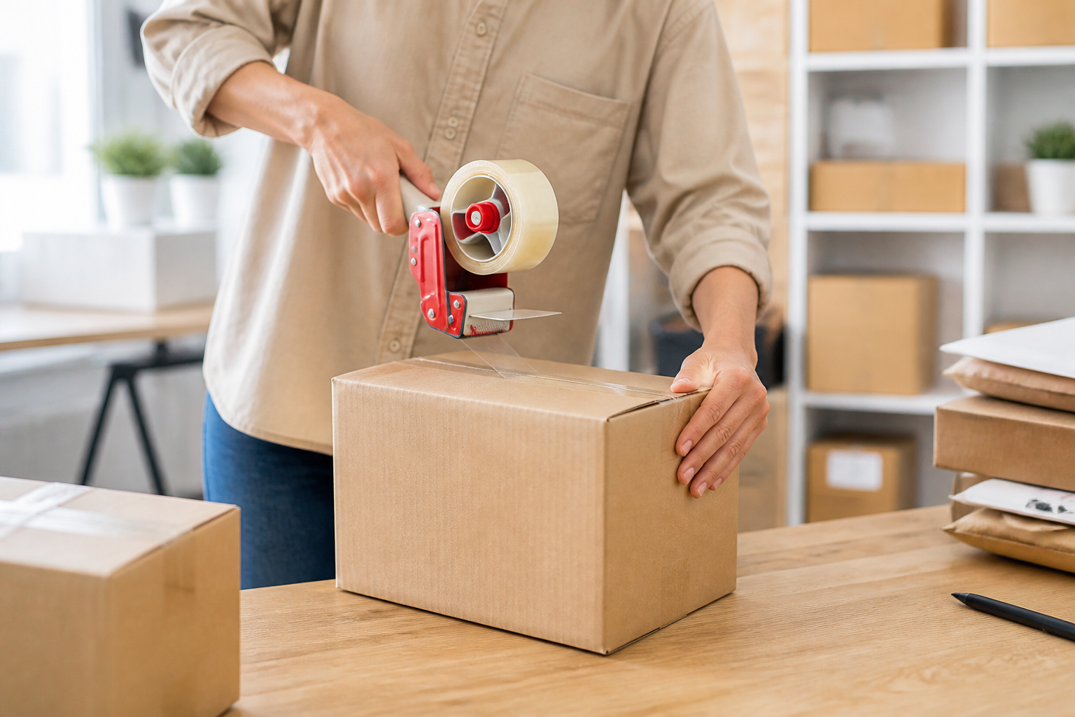 Fotografía de una persona sellando una caja de cartón con cinta