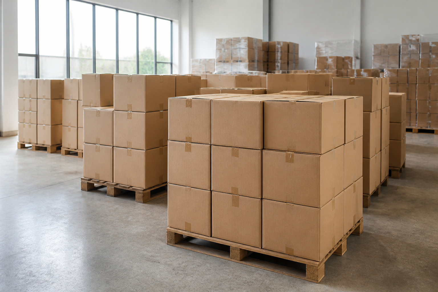Fotografía de cajas de cartón apiladas en una bodega