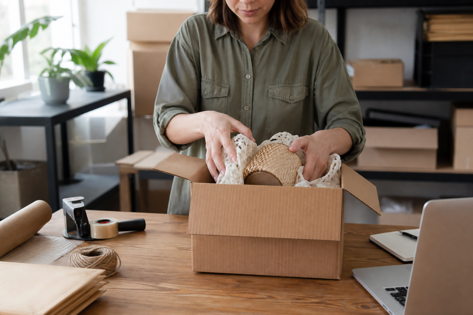 Fotografía de una persona empacando un pedido en una mesa de trabajo