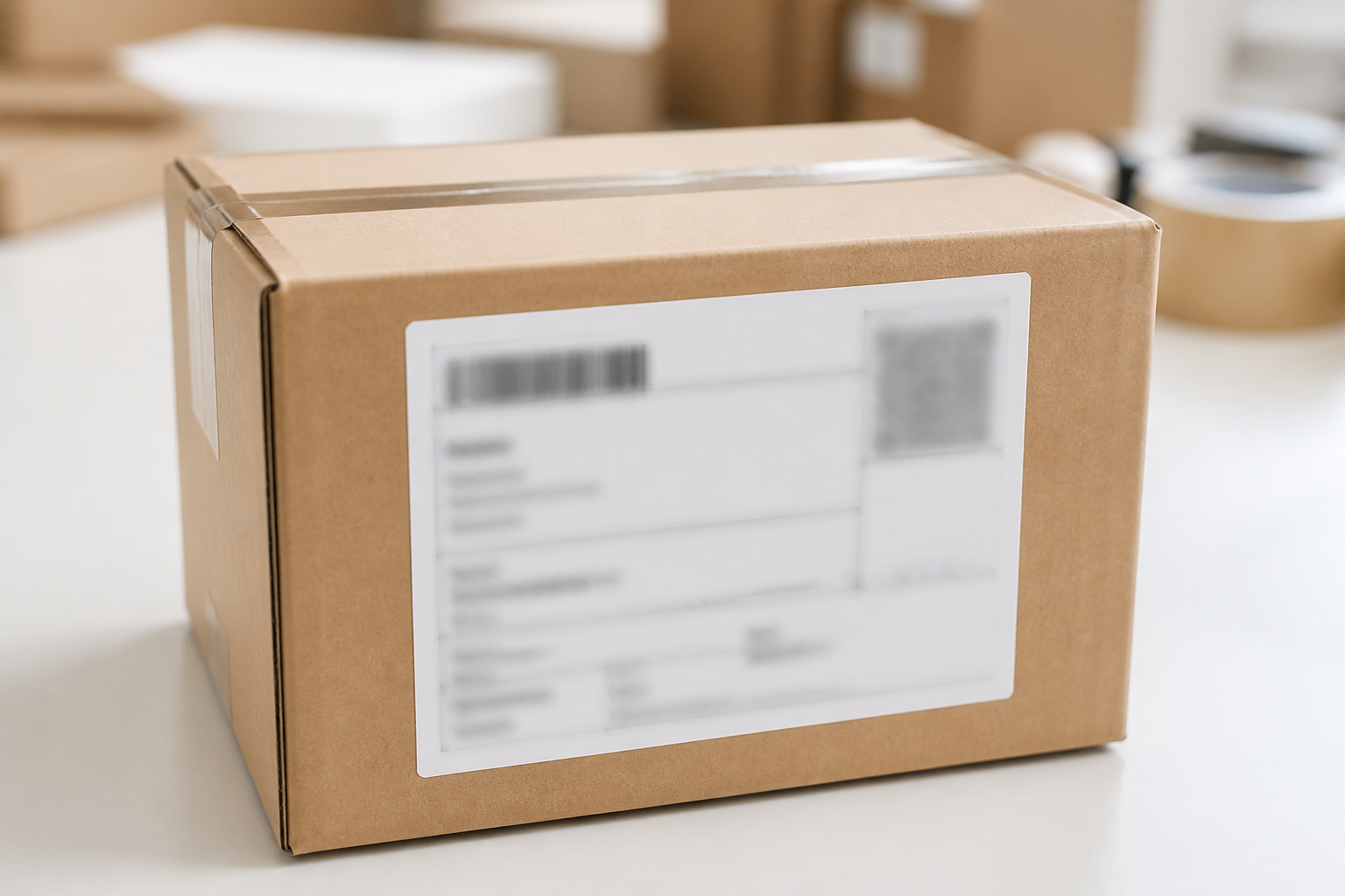 Fotografía de una etiqueta de envío pegada sobre una caja
