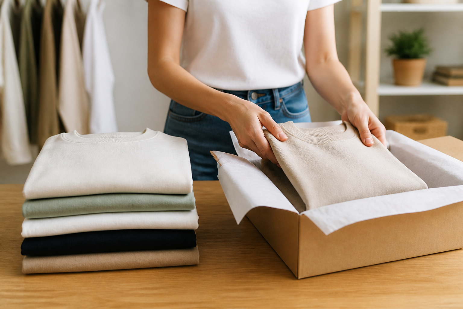 Fotografía de ropa doblada lista para empacar en una caja