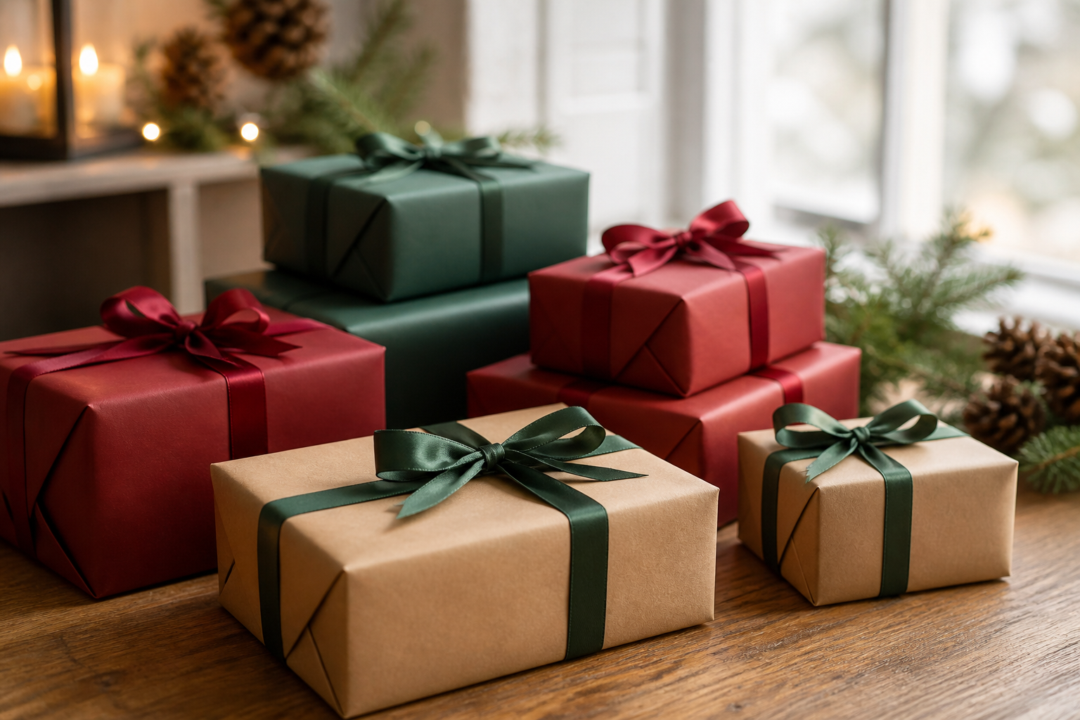 Fotografía de cajas de regalo envueltas para la temporada navideña