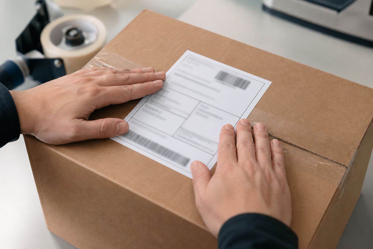 Fotografía de una etiqueta de guía sobre una caja de envío