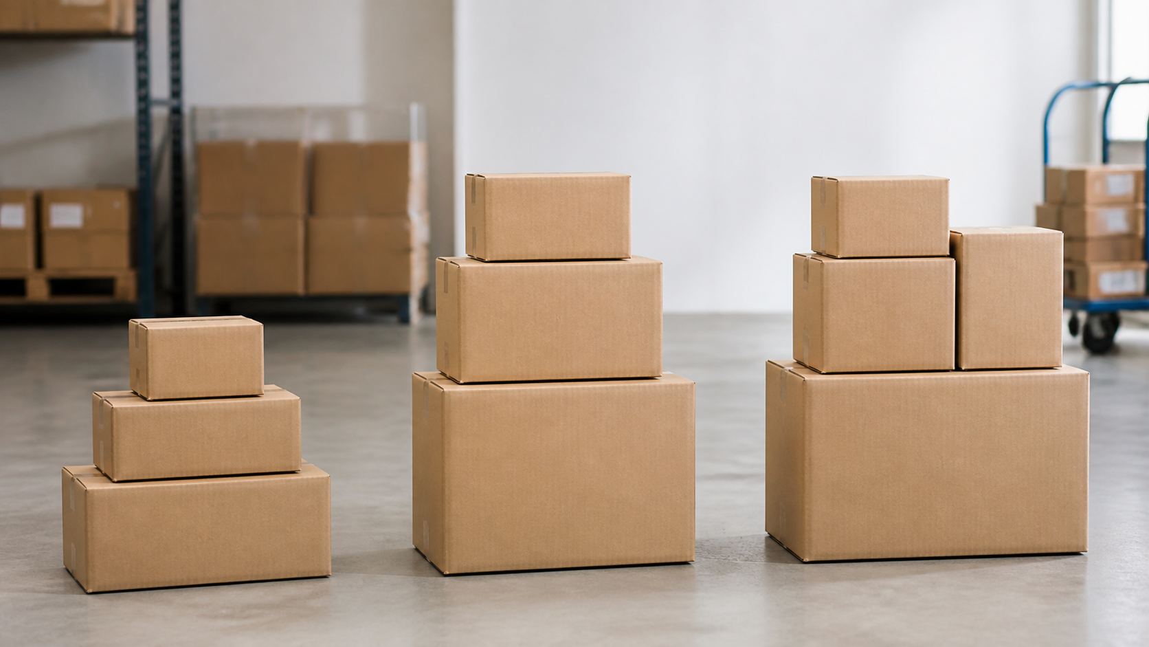 Fotografía de cajas de cartón apiladas representando distintas opciones de envío